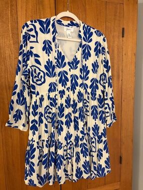 Japna White Dress with Bold Blue Floral Print